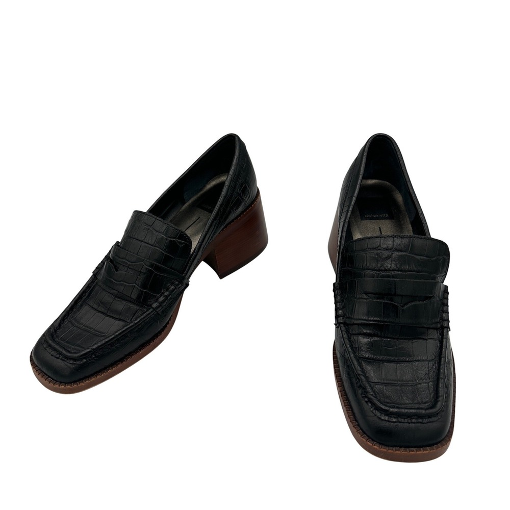 Dolce Vita Heeled Loafers Womens 8 Black Excellent Croc Embossed Block Heel
